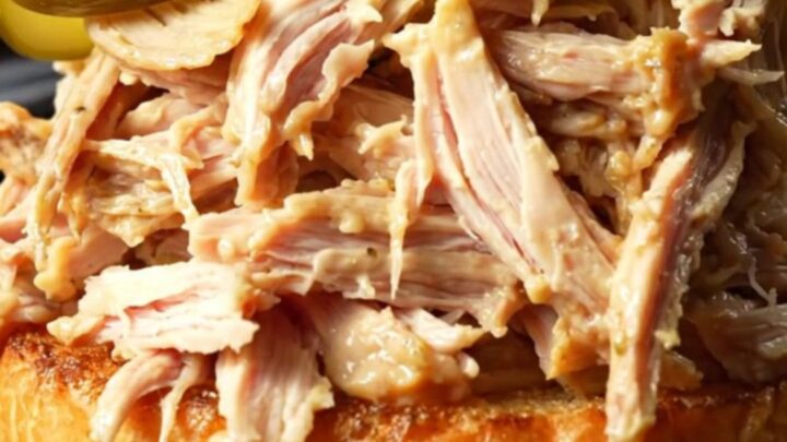 A close-up of a succulent Alabama white BBQ pulled chicken sandwich on a toasted brioche bun with a pickle spear.
