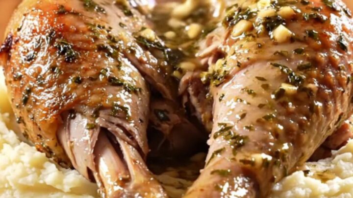 Two roasted turkey drumsticks glistening with herb butter and wine jus in a slow cooker.