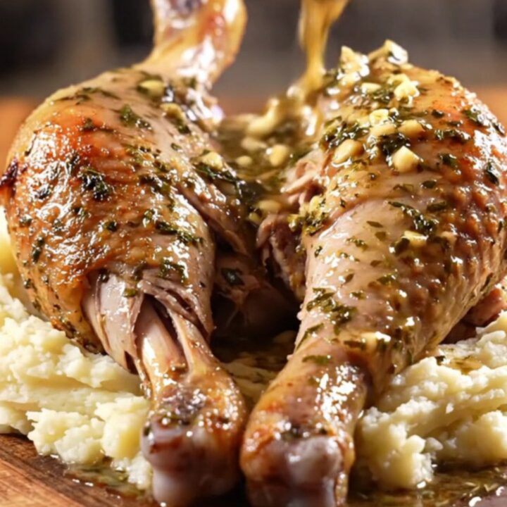 Two roasted turkey drumsticks glistening with herb butter and wine jus in a slow cooker.