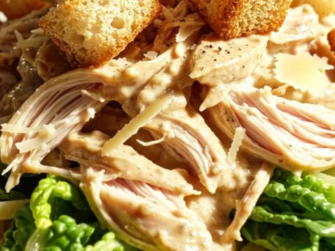 A close-up of creamy Caesar shredded chicken in a white ceramic slow cooker with parmesan and pepper.