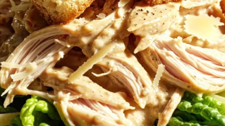 A close-up of creamy Caesar shredded chicken in a white ceramic slow cooker with parmesan and pepper.
