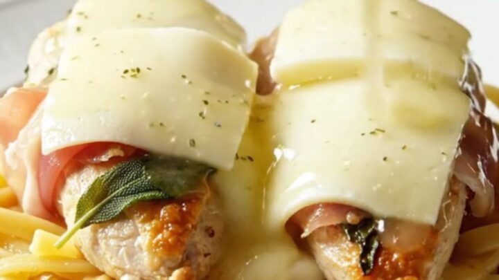 Close-up of tender chicken breasts wrapped in prosciutto and sage, topped with melted Fontina cheese in a slow cooker.