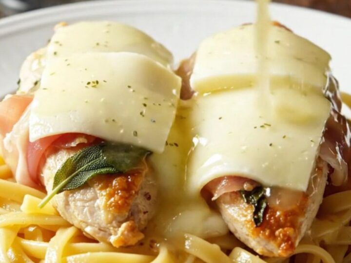 Close-up of tender chicken breasts wrapped in prosciutto and sage, topped with melted Fontina cheese in a slow cooker.