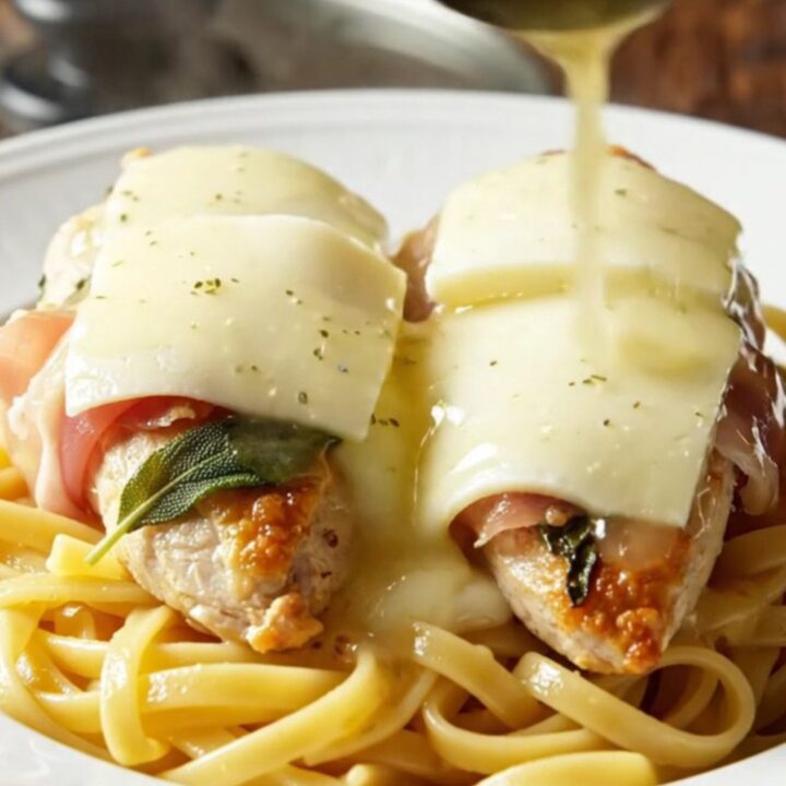 Close-up of tender chicken breasts wrapped in prosciutto and sage, topped with melted Fontina cheese in a slow cooker.
