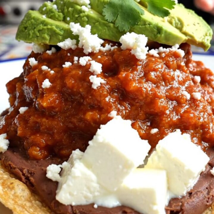 A vibrant plate of creamy chicken tinga piled high on crispy corn tostadas with avocado and cilantro.