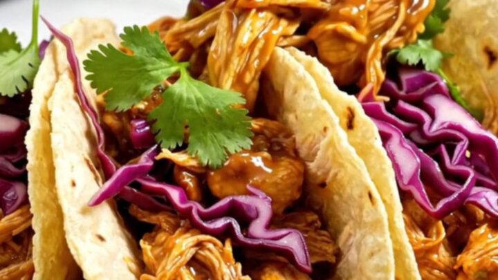 A close-up of slow-cooked pulled chicken in a glossy mango habanero glaze served in a street taco with cabbage and cilantro.