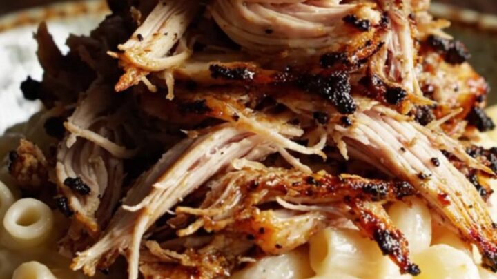 A glossy black slow cooker filled with shredded Cajun-spiced chicken, glistening in a rich butter and lemon sauce.