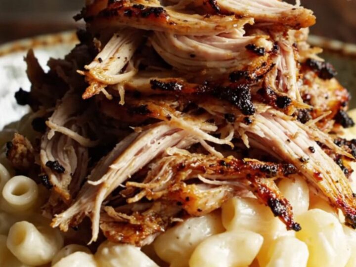 A glossy black slow cooker filled with shredded Cajun-spiced chicken, glistening in a rich butter and lemon sauce.