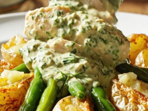 A close-up view of shredded chicken in a creamy white sauce with green herbs in a white slow cooker.