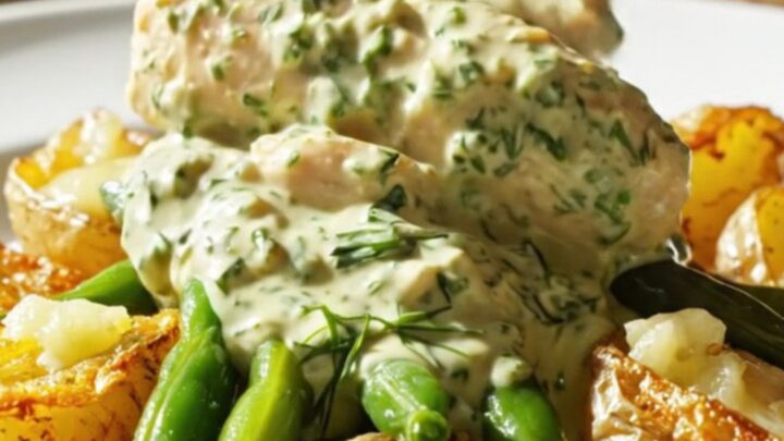 A close-up view of shredded chicken in a creamy white sauce with green herbs in a white slow cooker.