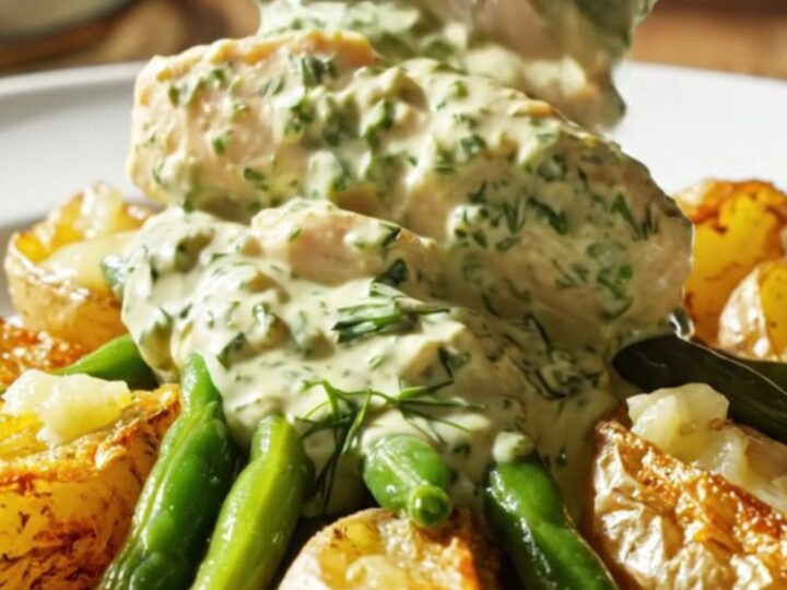 A close-up view of shredded chicken in a creamy white sauce with green herbs in a white slow cooker.