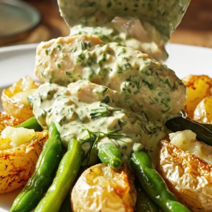 A close-up view of shredded chicken in a creamy white sauce with green herbs in a white slow cooker.