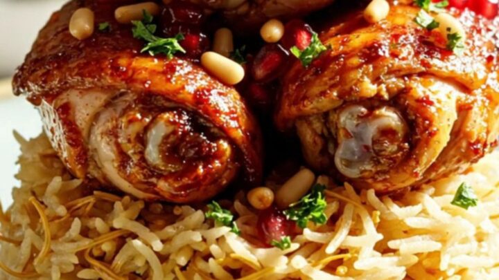 A steaming, ruby-glazed pomegranate sumac chicken served over golden saffron rice in a ceramic bowl.