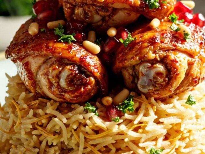 A steaming, ruby-glazed pomegranate sumac chicken served over golden saffron rice in a ceramic bowl.