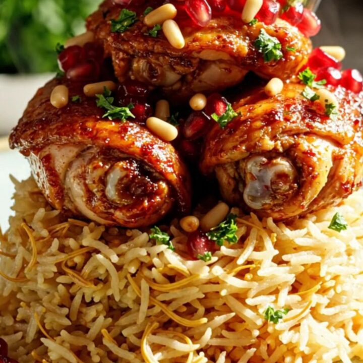 A steaming, ruby-glazed pomegranate sumac chicken served over golden saffron rice in a ceramic bowl.