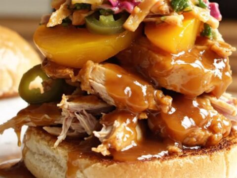 A close-up of succulent pulled chicken in a rich, amber-colored peach bourbon glaze piled high on a toasted brioche bun.