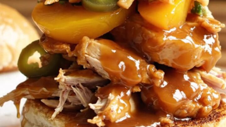 A close-up of succulent pulled chicken in a rich, amber-colored peach bourbon glaze piled high on a toasted brioche bun.