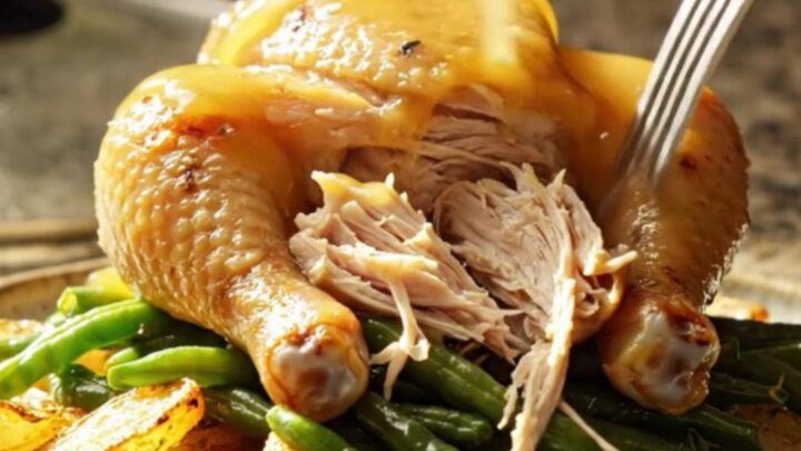 A cinematic shot of golden honey-glazed chicken breasts served over roasted potatoes with a fresh herb drizzle.