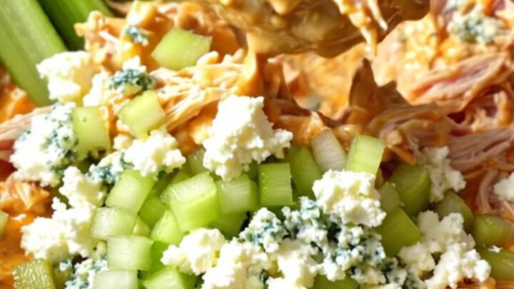 A close-up view of creamy buffalo chicken in a slow cooker, being shredded with two forks, topped with blue cheese crumbles.