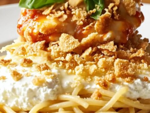 A close-up of tender chicken breast in a slow cooker topped with melted ricotta, mozzarella, and marinara sauce.