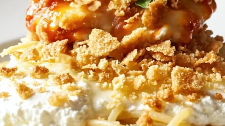 A close-up of tender chicken breast in a slow cooker topped with melted ricotta, mozzarella, and marinara sauce.