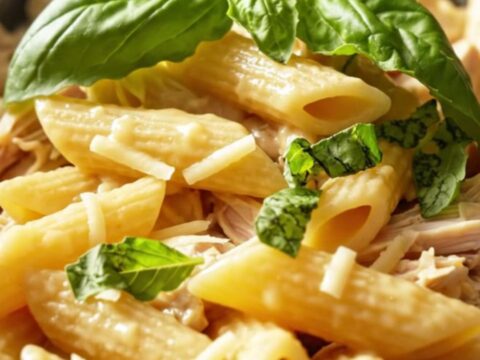 A close-up of creamy Asiago and roasted garlic chicken served over penne pasta with fresh basil.