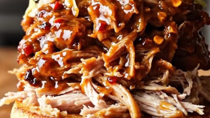 A close-up of a succulent Carolina vinegar pulled turkey sandwich on a toasted brioche bun with coleslaw.