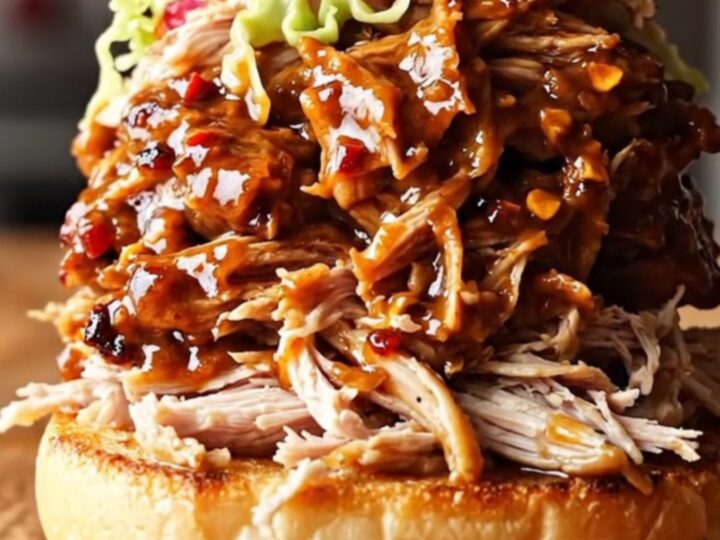 A close-up of a succulent Carolina vinegar pulled turkey sandwich on a toasted brioche bun with coleslaw.