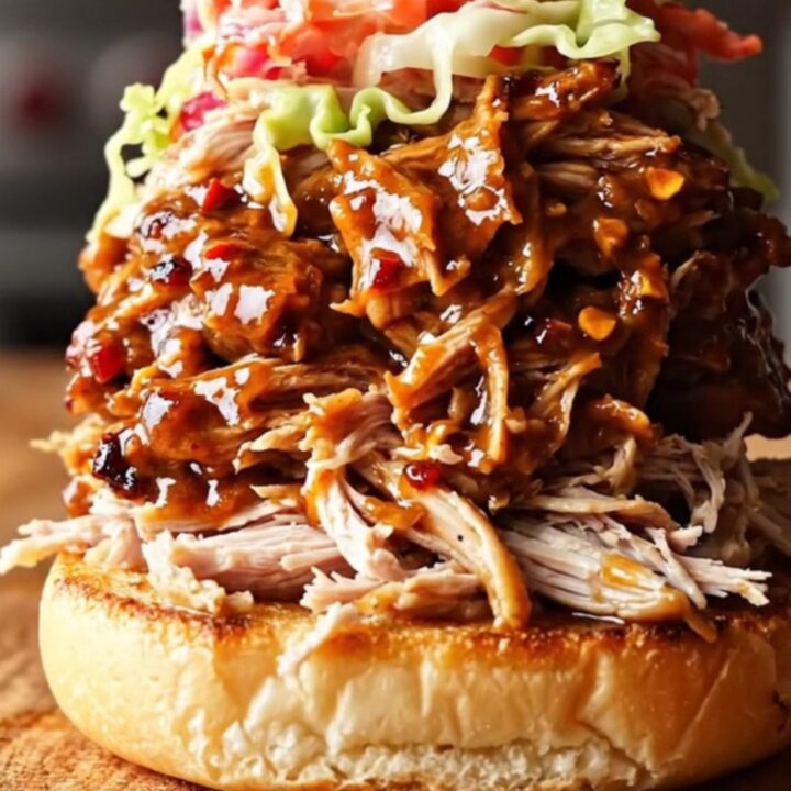 A close-up of a succulent Carolina vinegar pulled turkey sandwich on a toasted brioche bun with coleslaw.