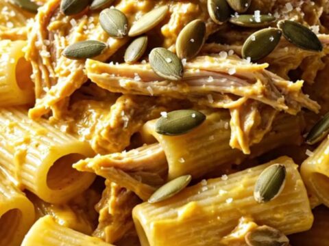 A warm, rustic bowl of creamy butternut squash and sage pasta with shredded chicken.