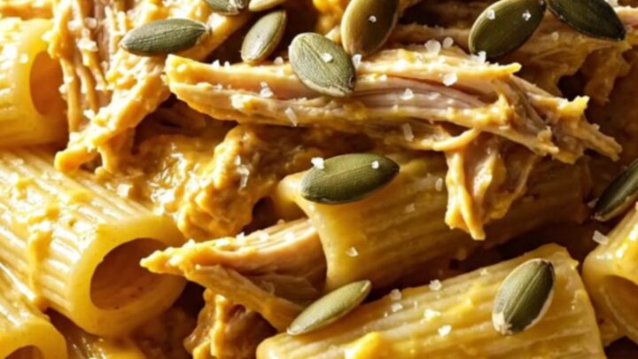 A warm, rustic bowl of creamy butternut squash and sage pasta with shredded chicken.