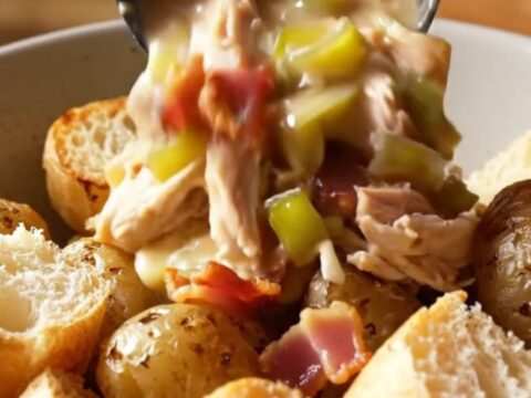 A close-up of shredded chicken in a creamy Gruyere and leek sauce topped with crispy bacon in a slow cooker.