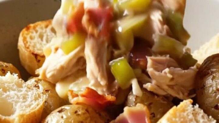 A close-up of shredded chicken in a creamy Gruyere and leek sauce topped with crispy bacon in a slow cooker.