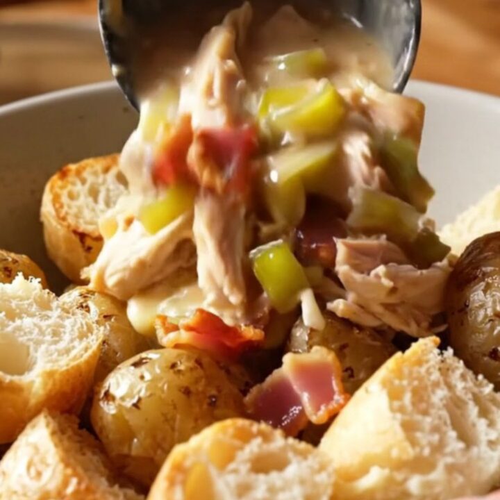 A close-up of shredded chicken in a creamy Gruyere and leek sauce topped with crispy bacon in a slow cooker.