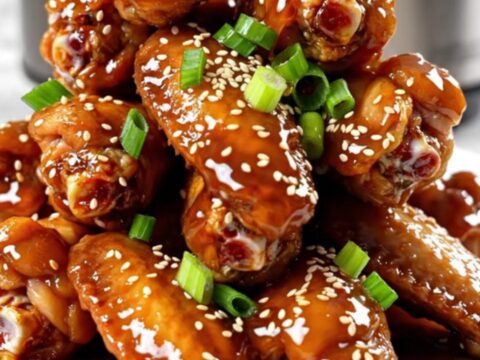 Sticky teriyaki ginger chicken wings piled high on a serving platter with sesame seeds and scallions.