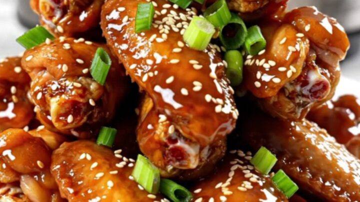 Sticky teriyaki ginger chicken wings piled high on a serving platter with sesame seeds and scallions.
