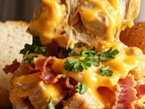 A close-up of a slow cooker filled with shredded chicken in a thick, bubbly five-cheese sauce with crispy pancetta.