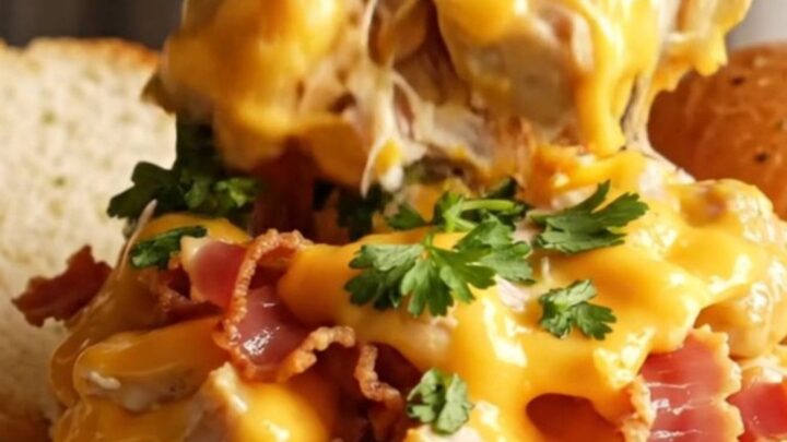 A close-up of a slow cooker filled with shredded chicken in a thick, bubbly five-cheese sauce with crispy pancetta.