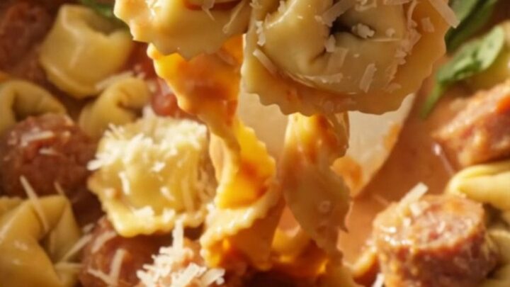 A steaming bowl of creamy sausage and tortellini pasta topped with fresh basil and grated Parmesan cheese.