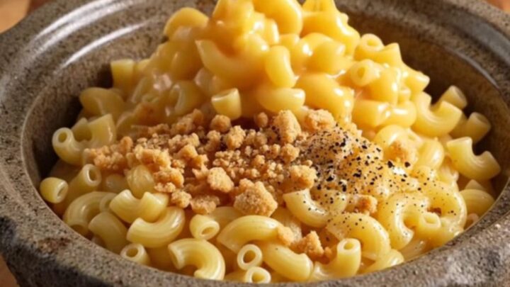 A close-up of a serving spoon pulling up gooey, cheesy elbow macaroni from a slow cooker.