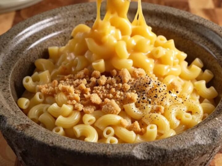 A close-up of a serving spoon pulling up gooey, cheesy elbow macaroni from a slow cooker.