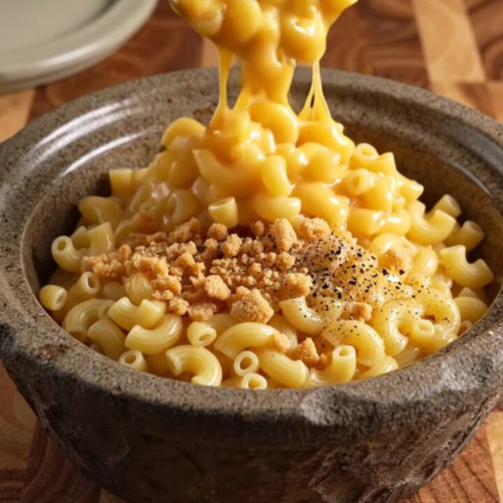 A close-up of a serving spoon pulling up gooey, cheesy elbow macaroni from a slow cooker.