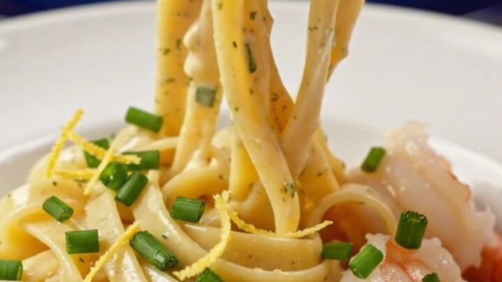 A close-up view of creamy shrimp linguine in a pasta bowl, garnished with chives and lemon zest.