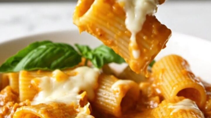 A close-up of creamy rigatoni with sausage, tomato sauce, and fresh basil in a black bowl.