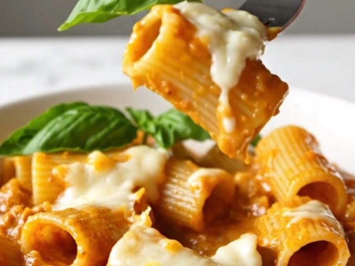 A close-up of creamy rigatoni with sausage, tomato sauce, and fresh basil in a black bowl.