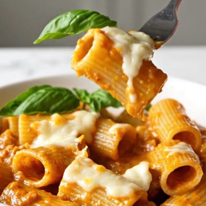 A close-up of creamy rigatoni with sausage, tomato sauce, and fresh basil in a black bowl.