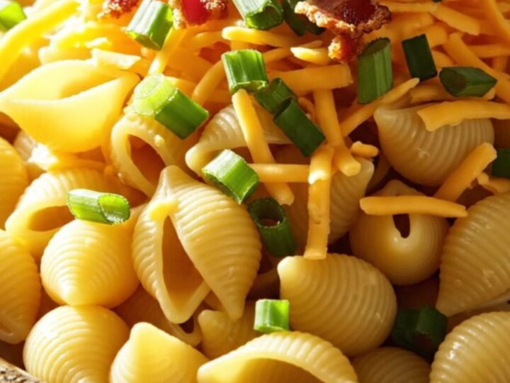 A close-up of creamy crockpot chicken bacon ranch pasta shells in a rustic stoneware bowl, topped with green onions.