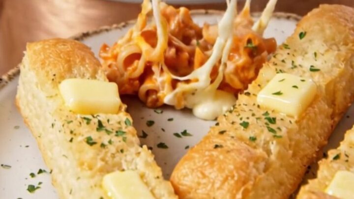 A large serving of Million-Dollar Crockpot Baked Ziti with visible cheese pulls and a rich, meaty red sauce.