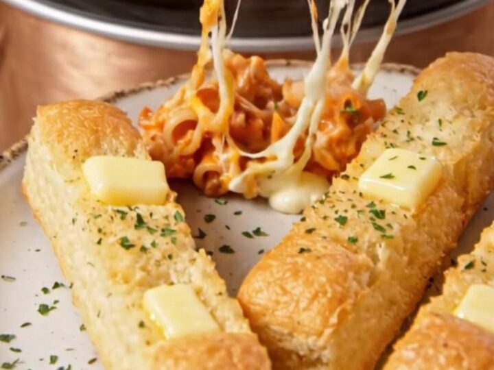 A large serving of Million-Dollar Crockpot Baked Ziti with visible cheese pulls and a rich, meaty red sauce.