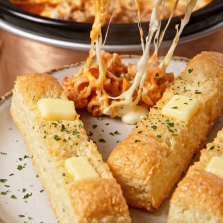 A large serving of Million-Dollar Crockpot Baked Ziti with visible cheese pulls and a rich, meaty red sauce.